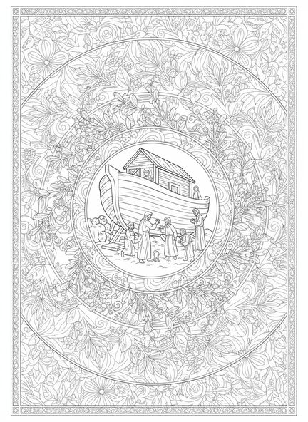 Noé et ses fils, page à colorier Lumière du Monde pour adultes dans le style du journal biblique.