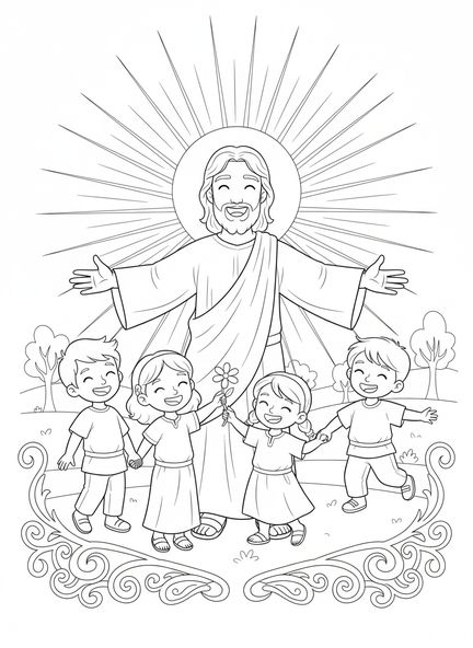 Jésus entouré d'enfants, page à colorier Lumière du Monde pour les enfants de 5 à 10 ans