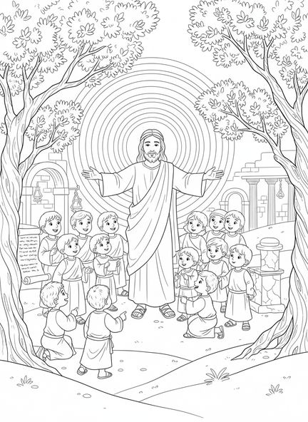 Jesus mit offenen Armen, Licht der Welt Ausmalbild für Sonntagsschulkinder im Alter von 5-12 Jahren.