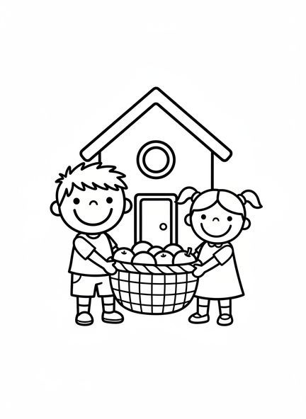 Lächelndes Kind hilft Freund, Liebe deinen Nächsten Ausmalbild für Vorschulkinder im Alter von 3-5 Jahren.