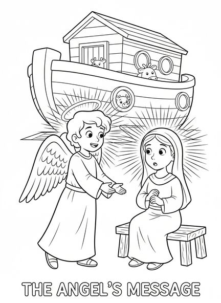 Ángel apareciendo a María, página para colorear de Lucas 1:37 para niños de 5 a 10 años.