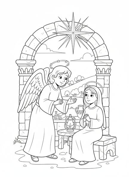 Anjo falando com Maria, página de colorir Lucas 1:37 para crianças da Escola Dominical de 5 a 12 anos