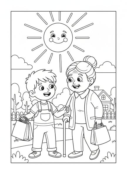 Niño ayudando a persona anciana, Lucas 6:31 Haz a los demás página para colorear para niños de 5 a 10 años