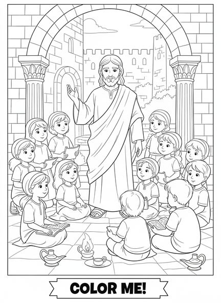 Jesús enseñando a los niños, Lucas 6:31 Haz a los demás página para colorear para niños de Escuela Dominical de 5 a 12 años.