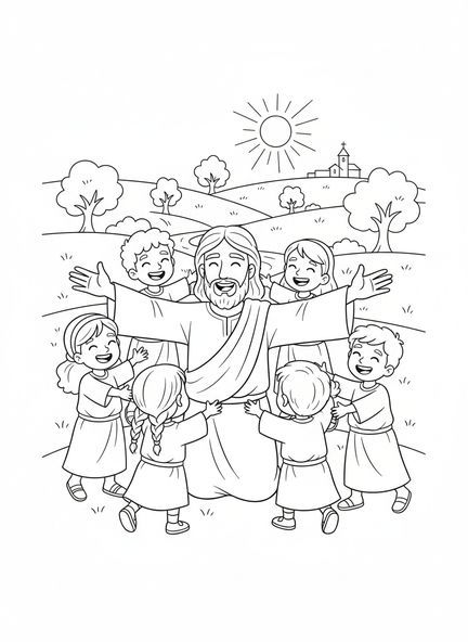 Jesús invitando a los niños, página para colorear de Mateo 11:28 para niños de 5 a 10 años.