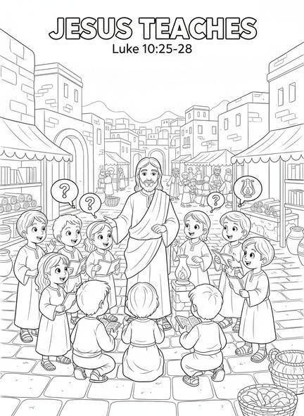Discípulos haciendo preguntas, página para colorear de Mateo 19:26 para niños de la Escuela Dominical de 5 a 12 años