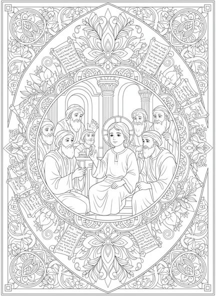 Jesús enseñando, página para colorear de Mateo 21:22 en estilo de journaling bíblico para adultos.