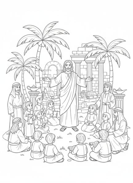 Jesús enseñando a la multitud, página para colorear de Mateo 21:22 para niños de la Escuela Dominical de 5 a 12 años