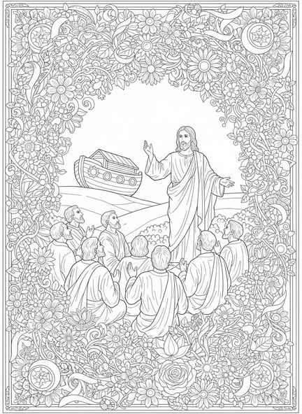 Página para colorear de los once discípulos, Mateo 28:19, estilo de journaling bíblico para adultos