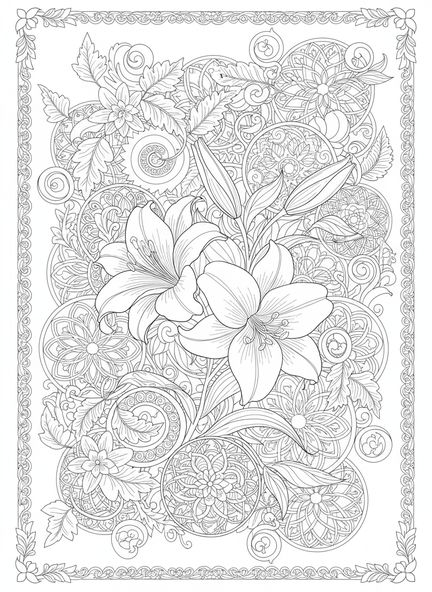 Racimo de lirios en flor, Mateo 6:28 página para colorear de lirios del campo estilo journaling bíblico para adultos