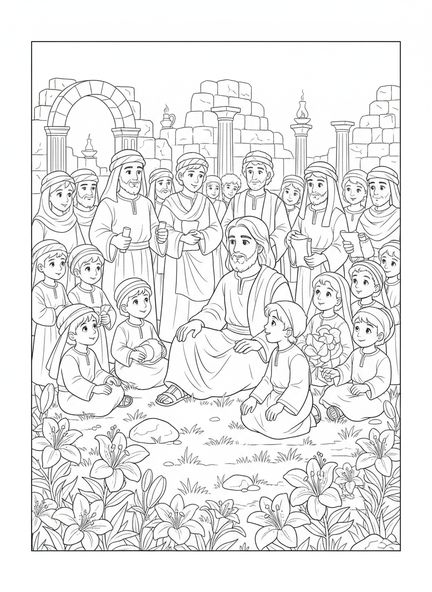 Jesús enseñando a una multitud, Mateo 6:28 página para colorear de los lirios del campo para niños de Escuela Dominical de 5 a 12 años.