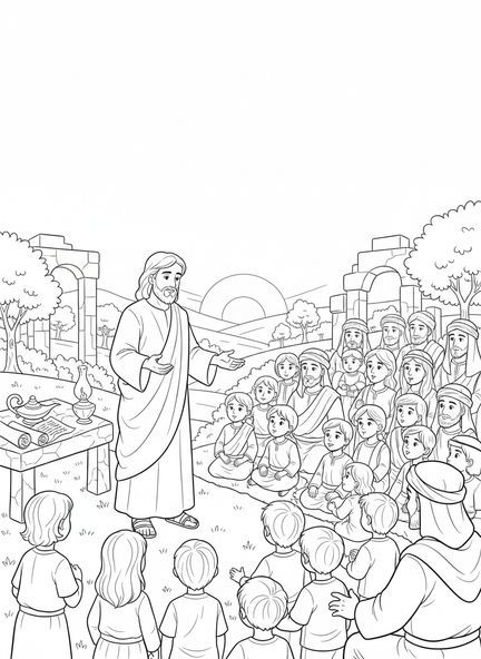 Jésus enseignant une foule, page à colorier Matthieu 6:33 pour les enfants de l'École du dimanche âgés de 5 à 12 ans