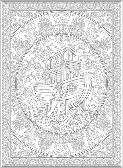 Noé travaillant sur l'arche, page à colorier Biblique pour adultes dans un style de journal biblique.