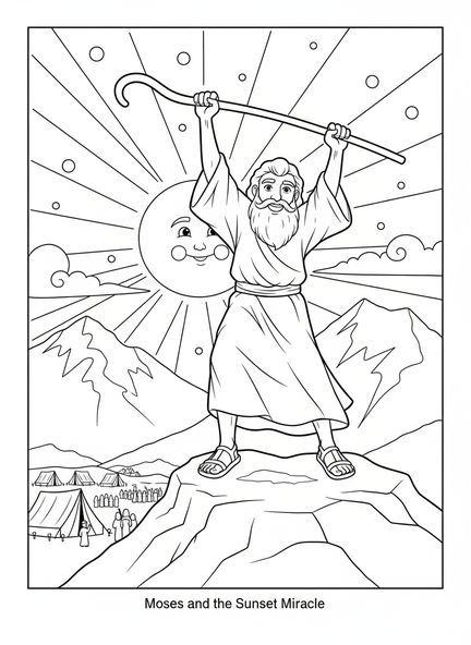 Moisés levantando su bastón, página para colorear de la Biblia sobre montañas para niños de 5 a 10 años