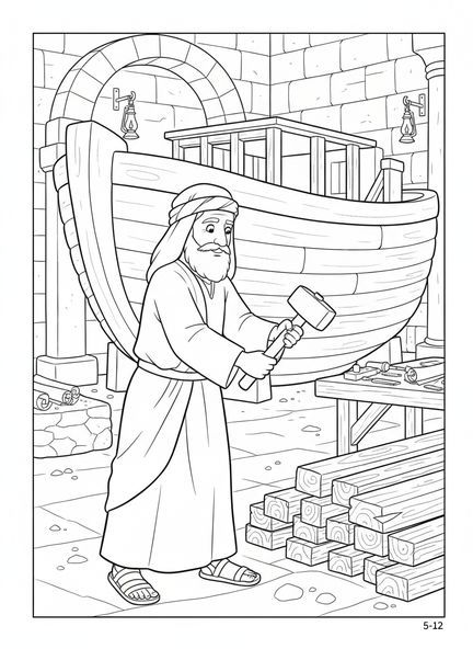 Noé construisant l'arche, page à colorier Biblique sur les montagnes pour les enfants de l'École du dimanche âgés de 5 à 12 ans.