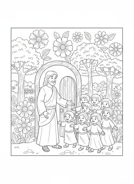 Jésus invitant des enfants, page à colorier de la Porte Étroite pour les enfants de 5 à 10 ans