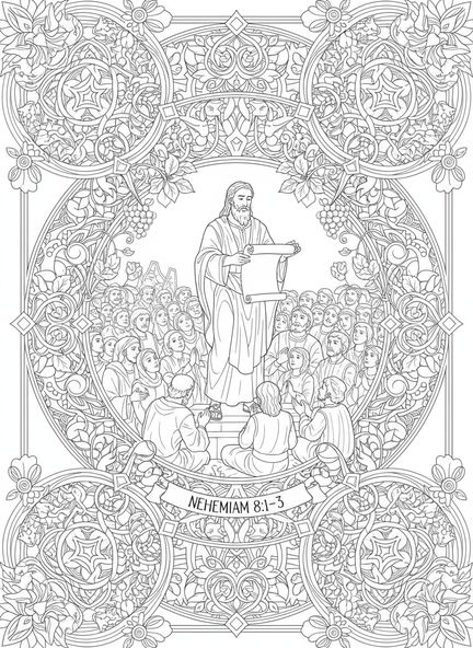 Nehemías leyendo el rollo, Nehemías 8:10 Página para colorear de Alegría y Fortaleza estilo journaling bíblico para adultos