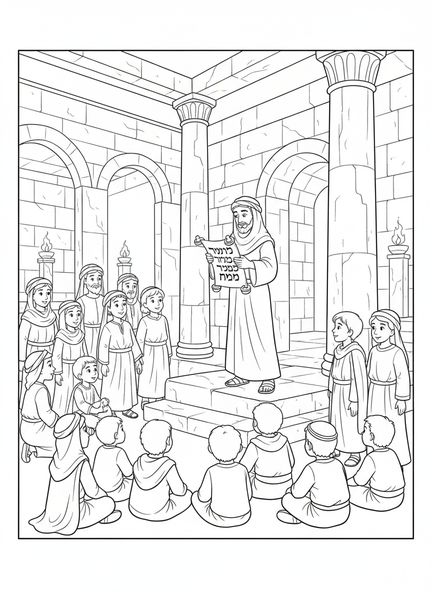 Esdras leyendo el rollo, Nehemías 8:10 Página para colorear de Alegría y Fortaleza para niños de Escuela Dominical de 5 a 12 años.