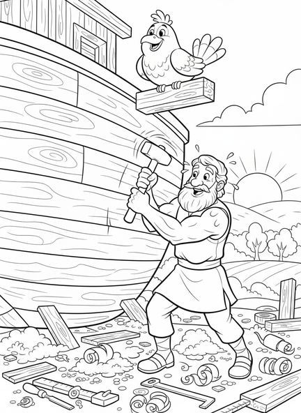 Noé martillando tablones, Filipenses 1:6 página para colorear para niños de 5 a 10 años