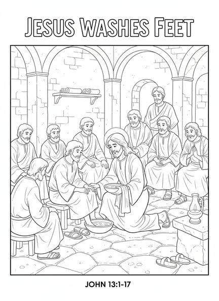 Jesús lavando los pies de los discípulos, página para colorear de Filipenses 2:3 para niños de Escuela Dominical de 5 a 12 años.