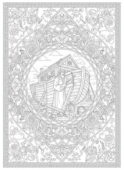 Noé construindo a arca, Filipenses 4:13 página de colorir para adultos no estilo de journaling bíblico.