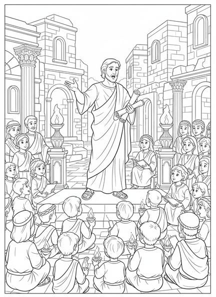 Paulo pregando, página para colorir Filipenses 4:13 para crianças da Escola Dominical de 5 a 12 anos.