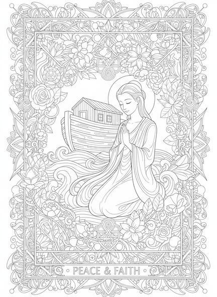 Figura serena en oración, página para colorear de Filipenses 4:6 estilo de journaling bíblico para adultos