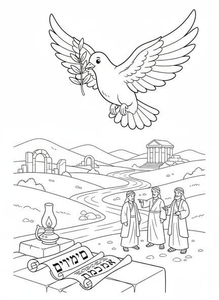 Paloma sosteniendo una rama de olivo, Filipenses 4:7 Página para colorear de la paz para niños de la Escuela Dominical de 5 a 12 años.