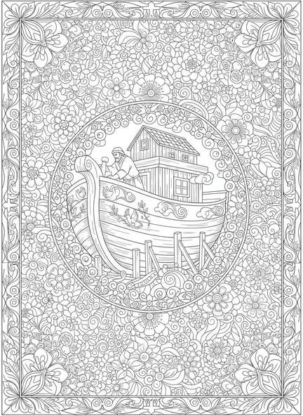 Noé construyendo el arca, página para colorear de Alaba al Señor en estilo de journaling bíblico para adultos.