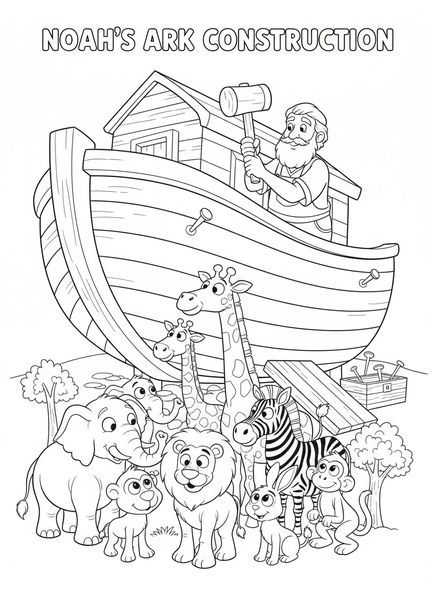 Noé travaillant sur l'arche, page à colorier Louez le Seigneur pour les enfants de 5 à 10 ans