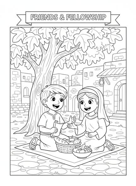 Dos amigos compartiendo alegría, Proverbios 17:17 Amigo ama, página para colorear para niños de la Escuela Dominical de 5 a 12 años.