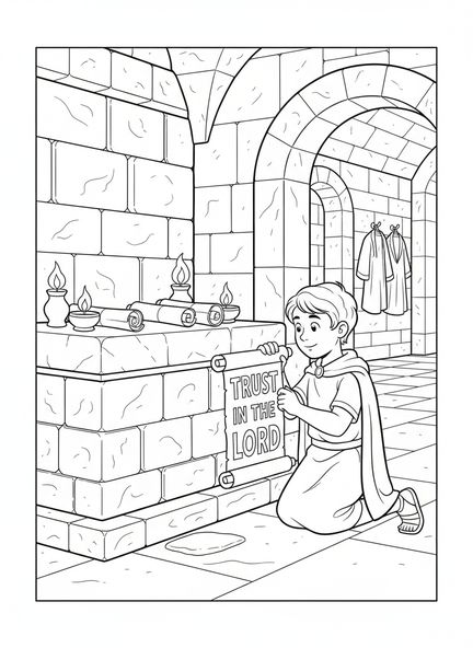Junger Junge betet am Altar, Sprüche 3,5 Vertraue auf den Herrn Malvorlage für Sonntagsschulkinder im Alter von 5-12 Jahren.
