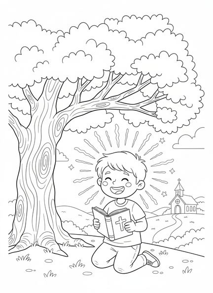 Niño alegre orando, Proverbios 3:6 Página para colorear para niños de 5 a 10 años.