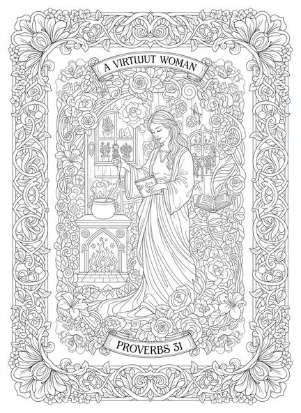 Mujer virtuosa trabajando en casa, página para colorear de la Mujer Virtuosa de Proverbios 31 en estilo de journaling bíblico para adultos.