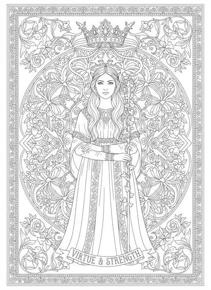 Weise Frau mit Krone, Sprüche 31 Ausmalbild für Erwachsene im Bibel-Journaling-Stil.