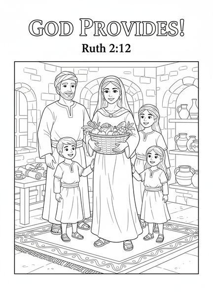 Starke Frau mit Korb, Ausmalbild zu Sprüche 31 für Sonntagsschulkinder im Alter von 5-12 Jahren.