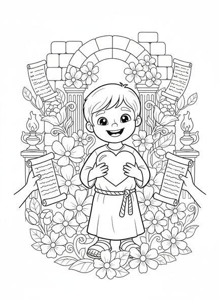 Enfant tenant un cœur, Proverbes 4:23 Gardez votre cœur page à colorier pour les enfants de l'École du dimanche âgés de 5 à 12 ans.