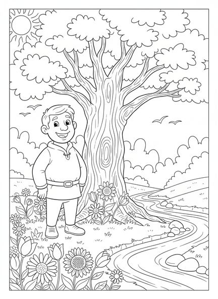 Hombre alegre junto a un gran árbol, página para colorear del Salmo 1: Hombre Bendecido para niños de 5 a 10 años.