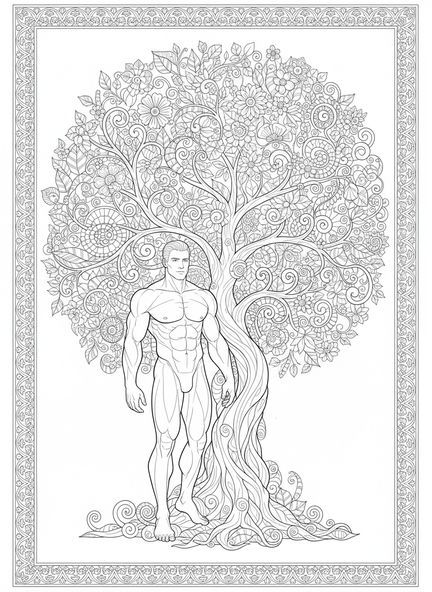 Gesegneter Mann, Psalm 1 Baum Ausmalbild für Erwachsene im Bibel-Journaling-Stil.