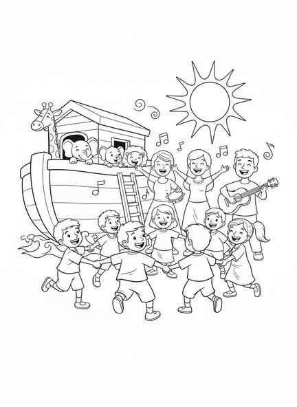 Gruppe fröhlicher Menschen, Psalm 100 Malvorlage für Kinder im Alter von 5-10 Jahren