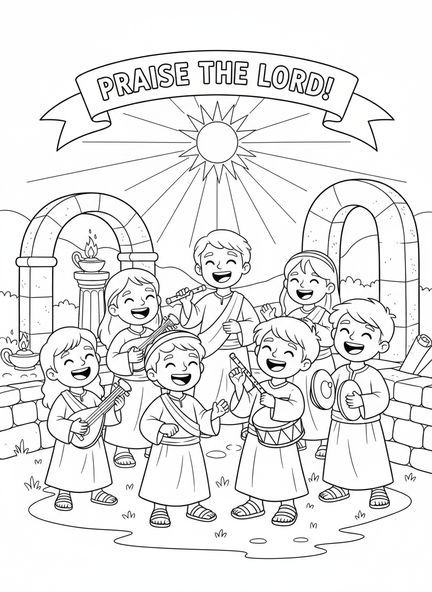 Kinder singen fröhlich, Ausmalbild zu Psalm 100 für Sonntagsschulkinder im Alter von 5-12 Jahren.