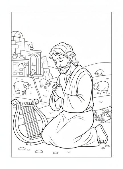 David arrodillado en oración, página para colorear del Salmo 103 para niños de Escuela Dominical de 5 a 12 años.