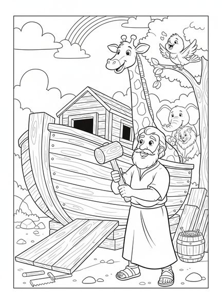 Noé construyendo el arca, Salmo 118:14 página para colorear para niños de 5 a 10 años.