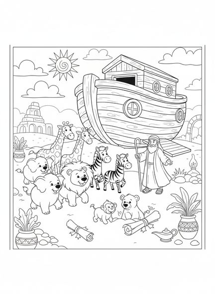 Tierpaare, die in die Arche gehen, Ausmalbild zu Psalm 118,14 für die Sonntagsschule für Kinder im Alter von 5-12 Jahren.