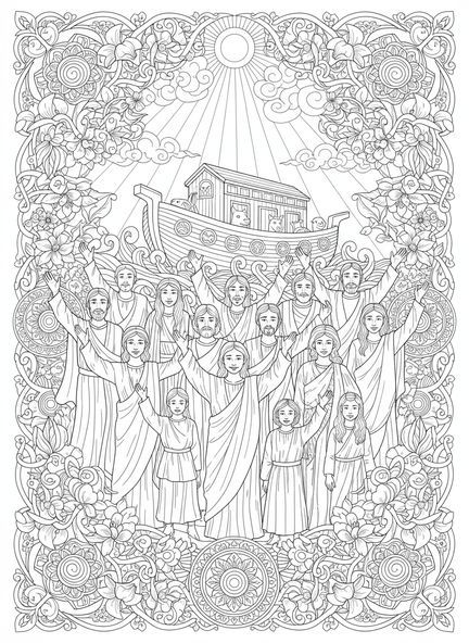 Gruppe von Anbetenden, Psalm 118,24 Ausmalbild für Erwachsene im Stil des Bibeljournaling.