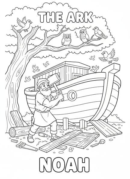 Noé martillando tablones, Salmo 118:24 página para colorear para niños de 5 a 10 años