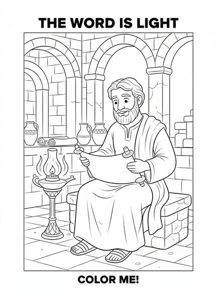 Mann liest eine Schriftrolle, Psalm 119, Vers 105 Ausmalbild für Kinder in der Sonntagsschule im Alter von 5-12 Jahren.