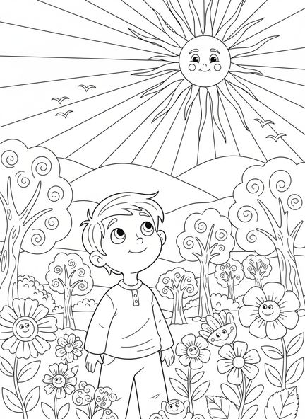 Kind schaut zu den Hügeln, Psalm 121 Hilfe kommt Malvorlage für Kinder im Alter von 5-10 Jahren