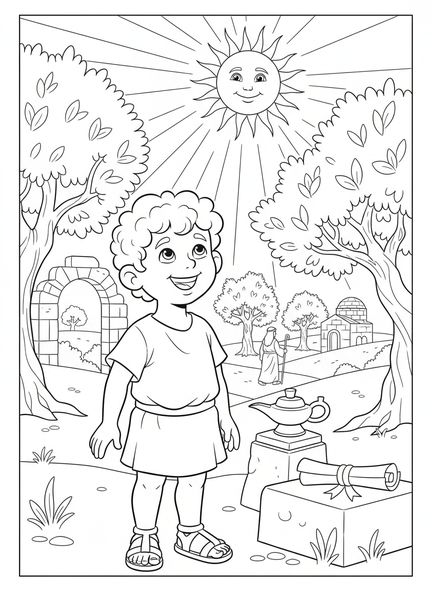 Cartoon-Junge schaut nach oben, Psalm 121 Hilfe kommt Malvorlage für Sonntagsschule Kinder im Alter von 5-12 Jahren