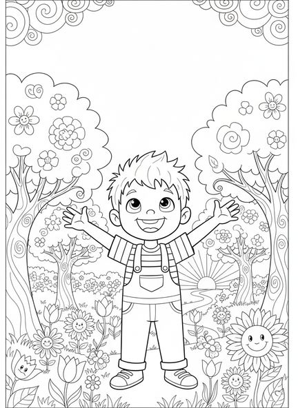 Garçon joyeux regardant vers le haut, page à colorier Psaume 121 Élever les Yeux pour les enfants de 5 à 10 ans.